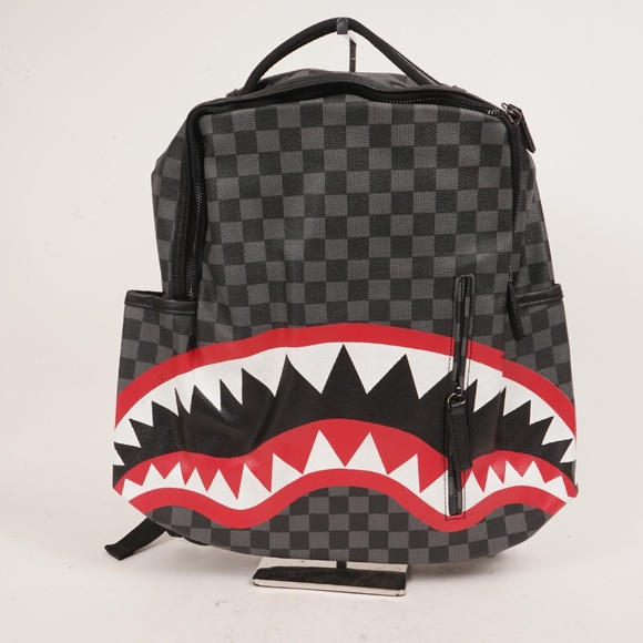 Other - Grey Checkered Pattern Multi-Pocket Shark Teeth Graphic Leather Backpack NWOT